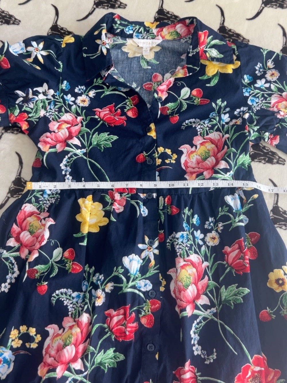Crown & Ivy Strawberry Floral Navy Tiered Shirt Dress Size S - Picture 6 of 9